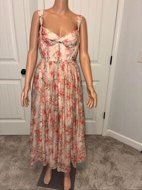 ANTONIO MELANI Cream Floral Bustier Maxi Dress with Pink Roses.